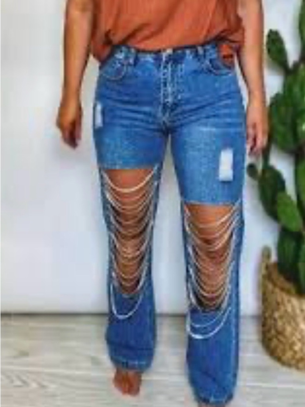 Kiwi Blue Distressed Straight Leg Jeans cutouts with Rhinestones chains